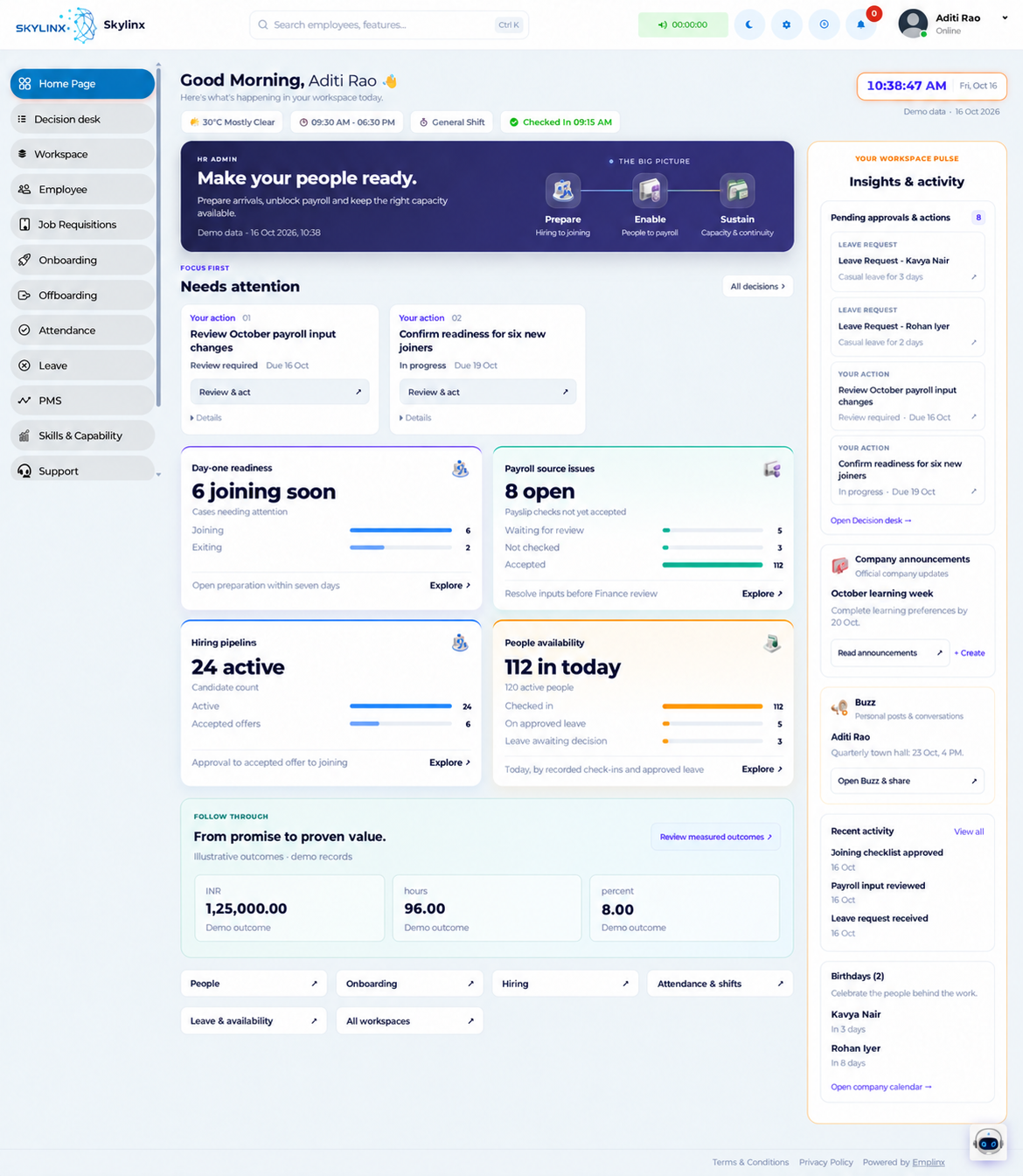 Illustrative Emplinx HR administration dashboard for Skylinx with joining readiness, payroll input reviews, hiring and people availability