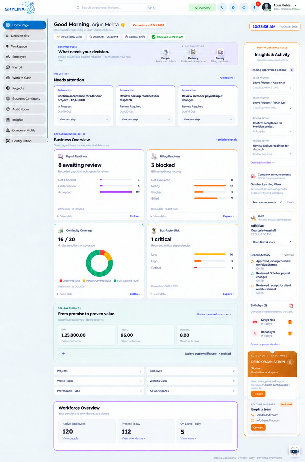 Illustrative Emplinx leadership dashboard for Skylinx, showing payroll readiness, billing readiness, continuity coverage and workforce context